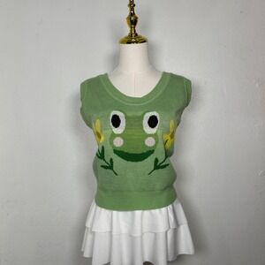 thorn & fable green frog knit cropped vest flower kawaii fairy cottagecore twee